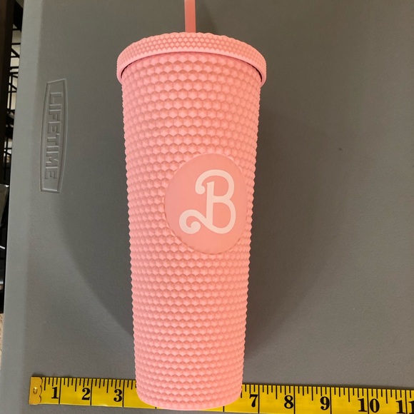 Barbie Core Peach Color Studded Tumbler B Letter Straw Cup & Lid Plastic Tumbler - Picture 2 of 8